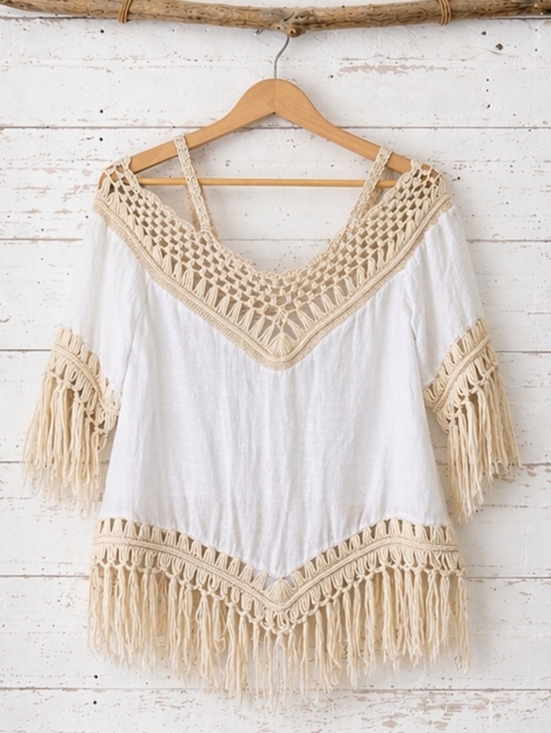 Dreamers Tops - Dreamers Fringe Crochet Cold-Shoulder Boho Top in White & Cream Size S